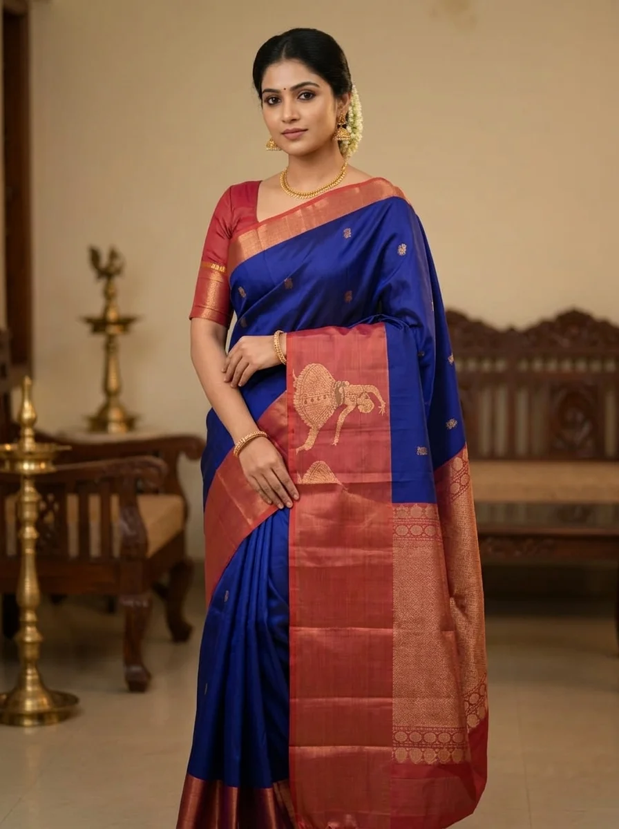 Royal Blue & Copper Gold Temple Saree
